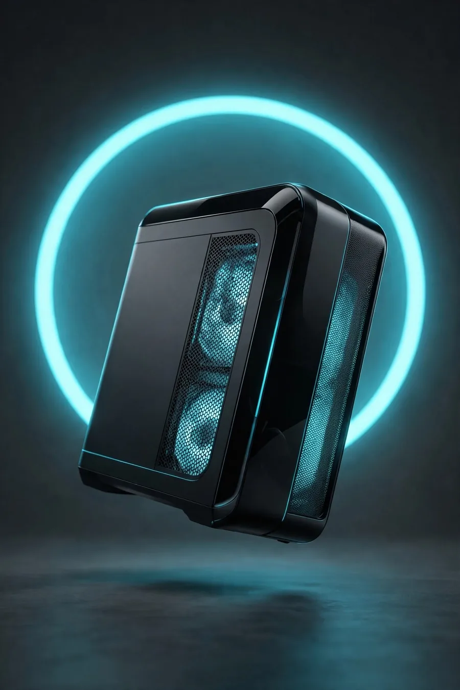 A tower computer in front of a glowing circle